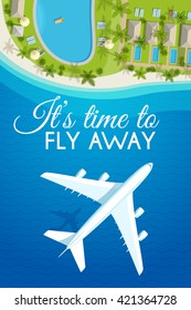 Tourism theme poster. White airplane flying over the sea to the tropical resort, top view. Design template for brochures/advertising/banners/flyers and so. Vector illustration, eps10.