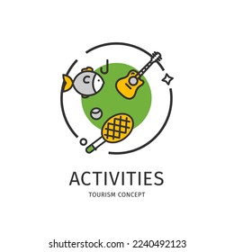 Tourism Thin Line Icon Activities Concept Include of Fishing and Guitar. Vector illustration of Outdoor Activity Recreation