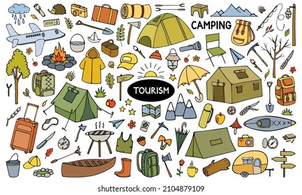 Tourism Tourist hiking and camping equipment in the style of doodles Vector clipart for camping