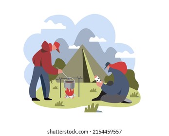 Tourism, tourists cook food in nature. A tent, a campfire, a pot. Vector illustration.