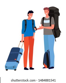 Tourism, tourists men or friends with backpacks and suitcases isolated characters. Traveling, journey or trip, guys with baggage or luggage. Brothers go on camping. Vector illustration in flat cartoon