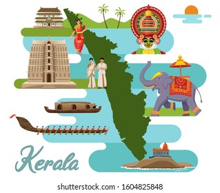 Tourism And Traditional Culture With Kerala Map, India Vector Illustration