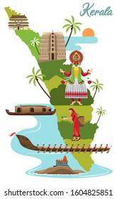 tourism and traditional culture with kerala map vector illustration