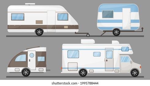 Tourism transport recreational vehicle, mobile home, transportationTravel car icons. Isolated  camping trailer, automobile vector illustration  