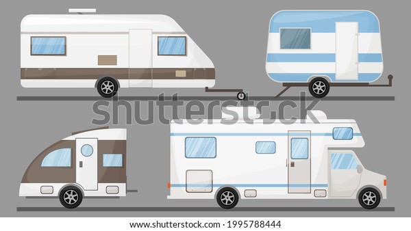 Tourism transport recreational vehicle,\
mobile home, transportationTravel car icons. Isolated  camping\
trailer, automobile vector illustration \
