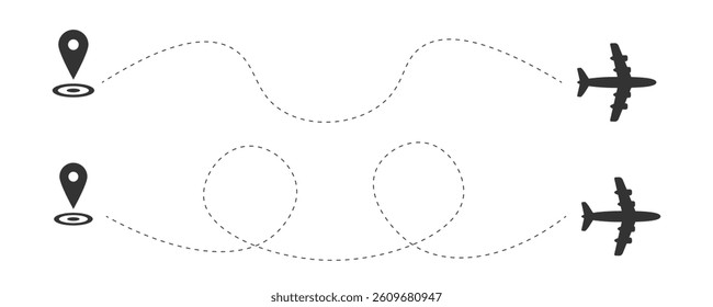 Tourism and transportation route with curve on map, aircraft and aviation in black set — aeroplane on racetrack in air, dotted transport way, airline isolated airliner dash; white arrive linear busine