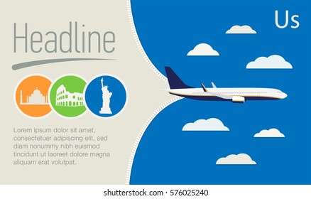 Tourism, Travel Agency poster. Airplane in the blue sky