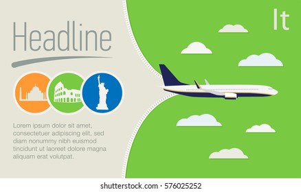 Tourism, Travel Agency poster. Airplane in the green sky