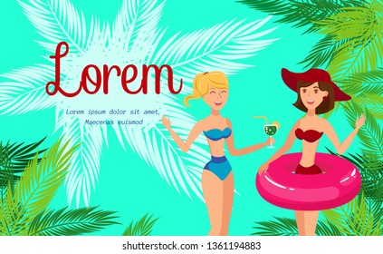 Tourism, Travel Agency Service Banner Template. Smiling Women in Bikini Cartoon Character. Girlfriends in Summer Clothing with Cocktail and Lifebuoy. Holiday Vacation. Illustration with Text Space