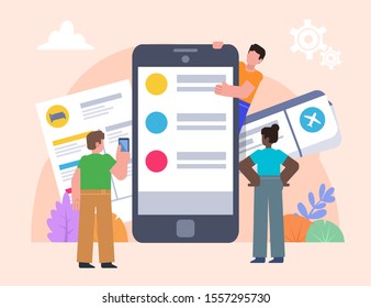 Tourism, travel app for booking airplane tickets. Group of people stand near big phone. Poster for social media, web page, banner, presentation. Flat design vector illustration
