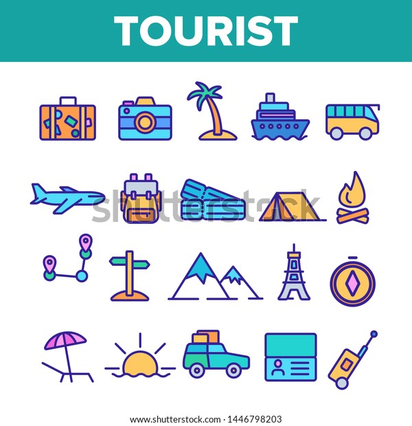 Tourism And Travel Around World Vector\
Linear Icons Set. Traveling To Different Countries, Islands.\
Hiking, camping, cruise and road trip outline cliparts. Tourist\
Adventures Thin Line\
Illustration