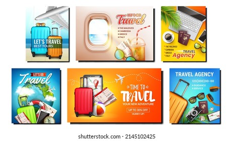 Tourism travel banner airplane set. World design. Journey background. Vacation summer trip. Business tour. Holiday tourist. Adventure template. Global ticket. vector character flat cartoon