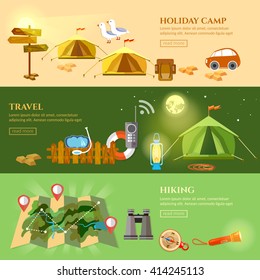 Tourism and travel banner hiking camping backpacking vector illustration 