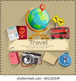 Tourism. Travel banner. Trip to World. Holiday vacation and ready for adventure concept. 