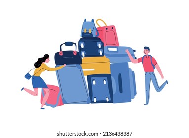 Tourism travel booking ticket composition with human characters of tourists and bunch of suitcases vector illustration