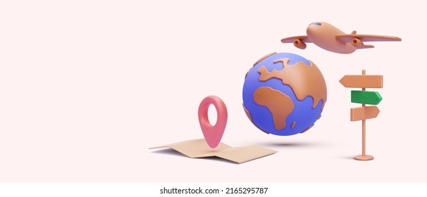 Tourism and travel concept in 3d realistic style with planet, map, road sign, airplane. Vector illustration