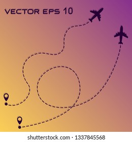 Tourism and travel concept. Airplane line path on yellow background. Vector icon of air plane flight route with dash line trace, start point and transfer point. Vector illustration.  
