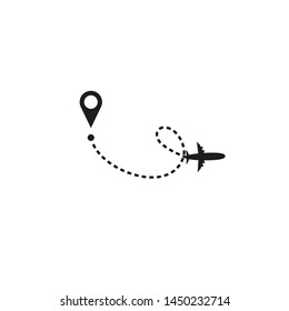 Tourism and travel concept. Airplane line path on white background. Vector icon of air plane flight route with dash line trace, start point and transfer point. Vector illustration