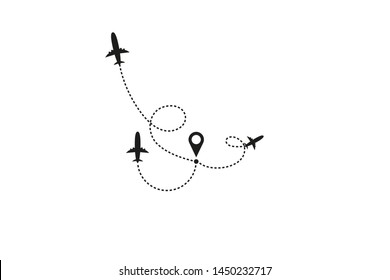 Tourism and travel concept. Airplane line path on white background. Vector icon of air plane flight route with dash line trace, start point and transfer point. Vector illustration