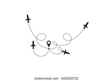 Tourism and travel concept. Airplane line path on white background. Vector icon of air plane flight route with dash line trace, start point and transfer point. Vector illustration
