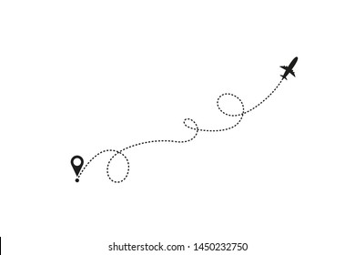 Tourism and travel concept. Airplane line path on white background. Vector icon of air plane flight route with dash line trace, start point and transfer point. Vector illustration