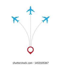 Tourism and travel concept. Airplane line path on white background. Vector icon of air plane flight route with dash line trace.