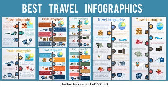  Tourism and travel concept infographic. Set templates for 3 4 5 6 7 8 9 10 positions. Motorway, passports, visa stamp, card, point, syringe, medical set, dollars,suitcase, tickets, jet, hotel, island