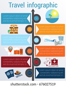Tourism and travel concept infographic. Template 6 positions. Motorway, passports, visa stamp, compass,  card, point, syringe, medical set, dollars,suitcase, tickets, jet, hotel, island, palm, sea  