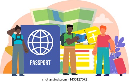 Tourism, travel concept. People stand near big airline tickets, visa, passport. Poster for web design, banner, presentation, social media. Flat design vector illustration