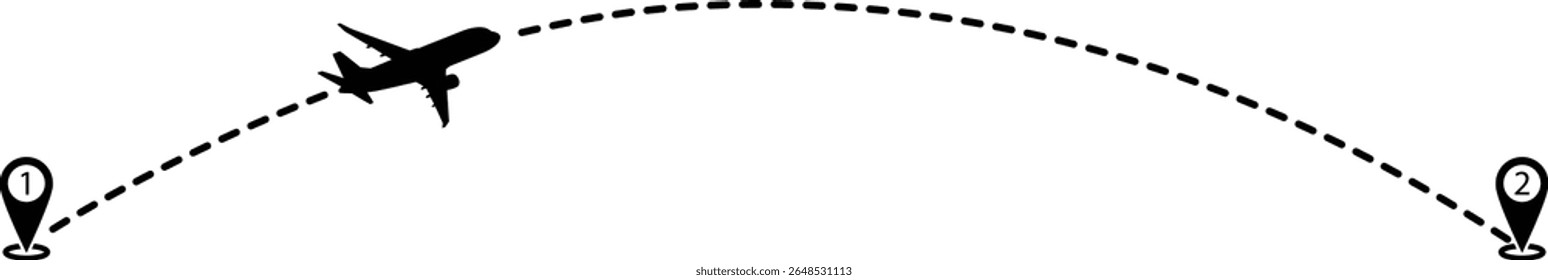 tourism and travel concept. plane travelling from start point to end point with dotted line tracing. trip planning vector symbol on transparent background.