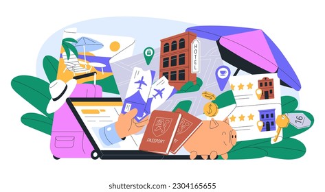 Tourism, travel concept. Tourists services composition. Booking hotel, buying tickets, planning tour, trip, choosing resort online, via internet. Flat vector illustration isolated on white background