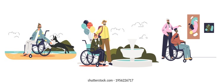 Tourism and travel for disabled people concept of set of cartoons on wheelchair travelling. Handicapped characters on vacation. Flat vector illustration