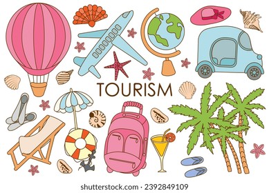 El turismo y los viajes en un gran conjunto de estilo doodle. Vacaciones costeras, viajes en globo aerostático, viajes en avión, turismo. Iconos para libros, afiches. Ilustración vectorial en un fondo blanco.