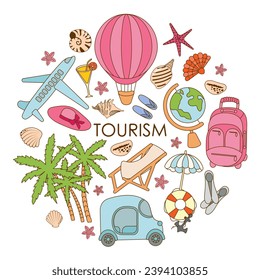 El turismo y los viajes en un gran conjunto de estilo doodle. Vacaciones costeras, viajes en globo aerostático, viajes en avión, turismo. Iconos para libros, afiches. Ilustración vectorial en un fondo blanco.