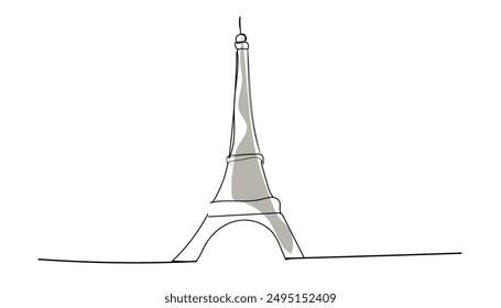 Tourism and travel greeting postcard concept. Modern continuous line draw design vector illustration. Single one line drawing of Eiffel Tower landmark wall decor poster. Iconic place in Paris. 