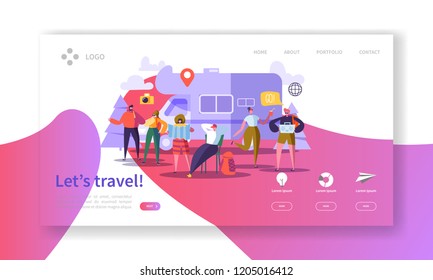 Tourism and Travel Industry Landing Page. Summer Traveling Holiday Vacation with Flat People Characters Website Template. Vector illustration