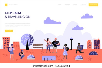 Tourism and travel landing page template. Flat people characters travelling on vacation concept. Man and woman with photo camera for website or web page. Vector illustration