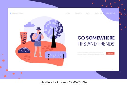 Tourism and travel landing page template. Flat people characters travelling on vacation concept. Man with photo camera for website or web page. Vector illustration