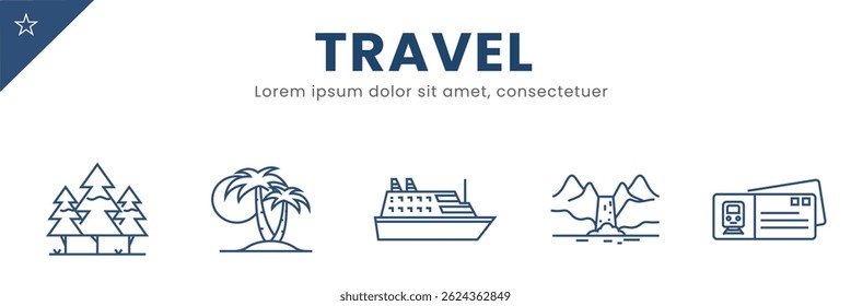 Tourism and travel line Icon Set . Vacation, hotel, location, globe . Vector Illustration.	
