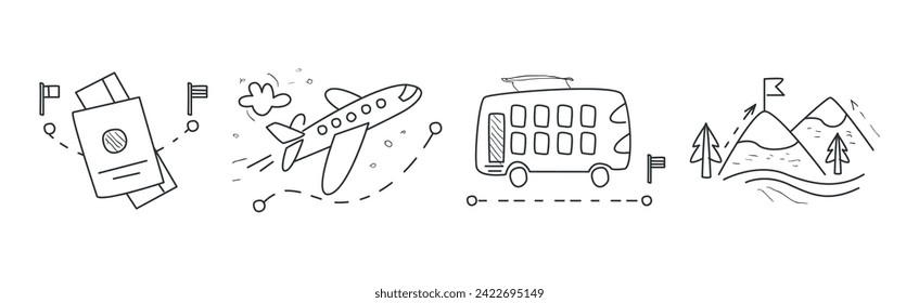 Tourism and Travel on Vacation Line Drawn Element Vector Set