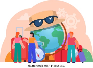 Tourism, travel operator, agency. People stand near big earth globe. Poster for social media, web page, banner, presentation. Flat design vector illustration