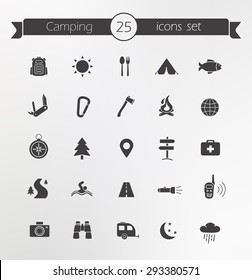 Tourism, travel, outdoor camping black silhouettes icons set. Vector