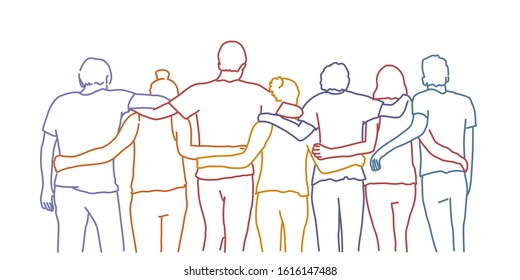 Tourism, travel, people, leisure and teenage concept - group of happy friends hugging. Colour line drawing vector illustration.