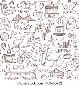 Tourism and travel seamless hand drawn pattern with travel destinations