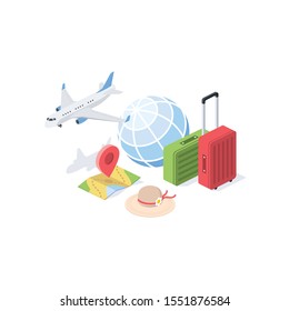 Tourism Travel Set. Vector 3d isometric, color web icon, new flat style. Creative illustration design, idea for infographics.