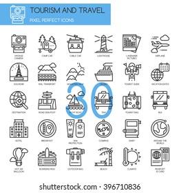 TOURISM AND TRAVEL , Thin Line and Pixel Perfect Icons