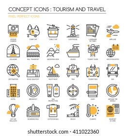 TOURISM AND TRAVEL , Thin Line and Pixel Perfect Icons