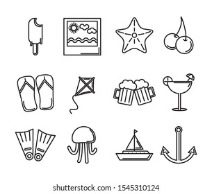 tourism travel time summer icons linear set vector illustration