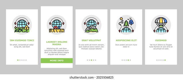 Tourism Travel Types Onboarding Mobile App Page Screen Vector. Cultural And Nature, Air And Ski Sport, Yacht And Rafting, Educational And Shopping Travel Illustrations