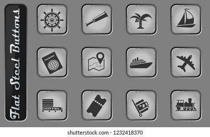 Tourism and Travel vector web icons on the flat steel buttons